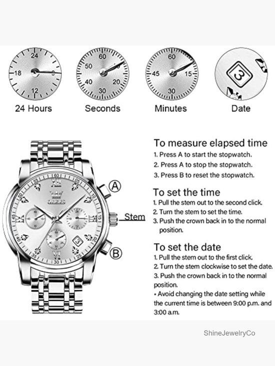 Large Face Luxurman Diamond Watch Chronograph 0.25ct for Men  Stainless Steel Chronograph Watch, Big Face Easy Read Quartz, Date Diamond